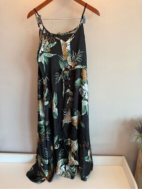Brovave Tropical Floral Maxi Dress Black Green High Low Button Front Large‎ NWT